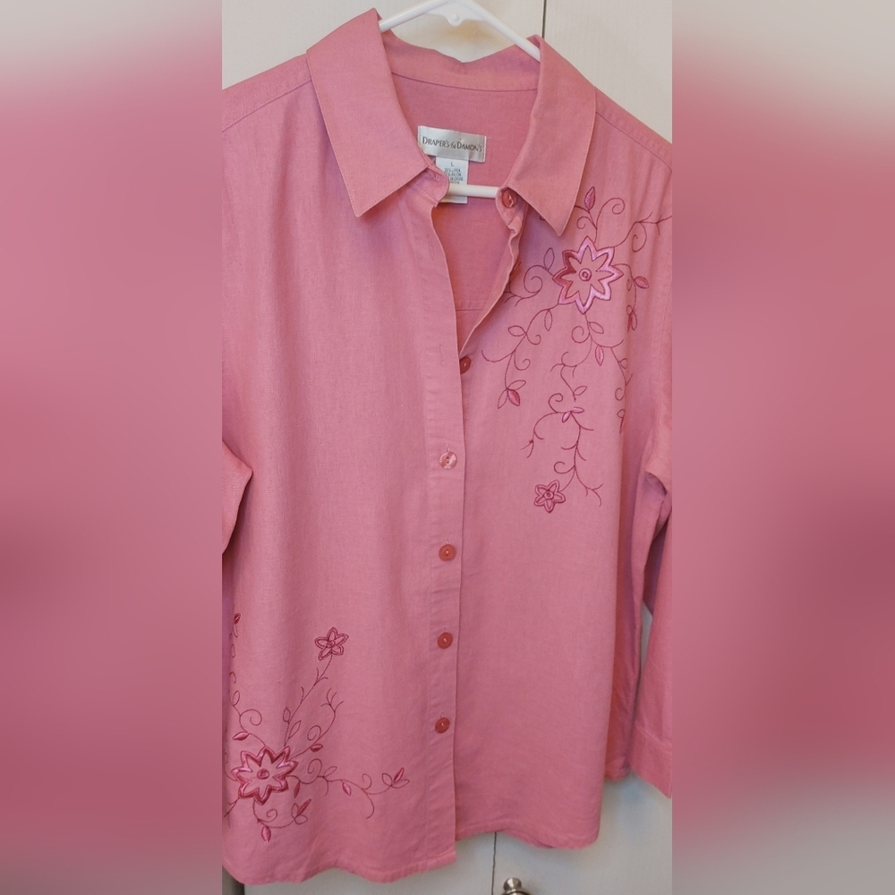 Draper's & Damon Pink Linen Button Up Top Size Large Blouse Embroidered Top Boho - Picture 5 of 10